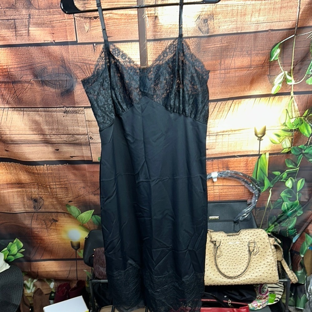 Vintage Black Satin Chemise with Lace Trim